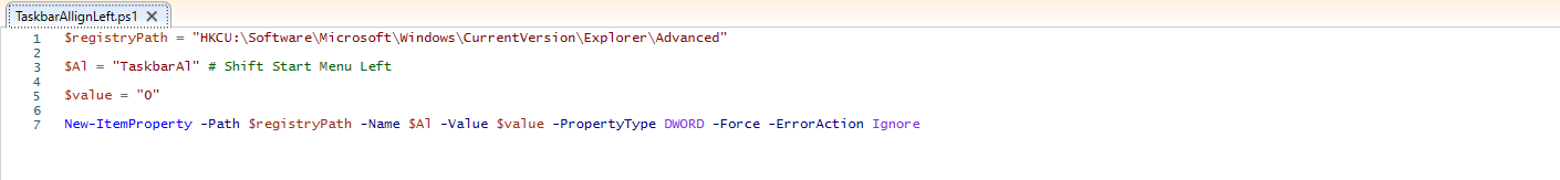 PowerShell script for aligning Windows 11 taskbar left
